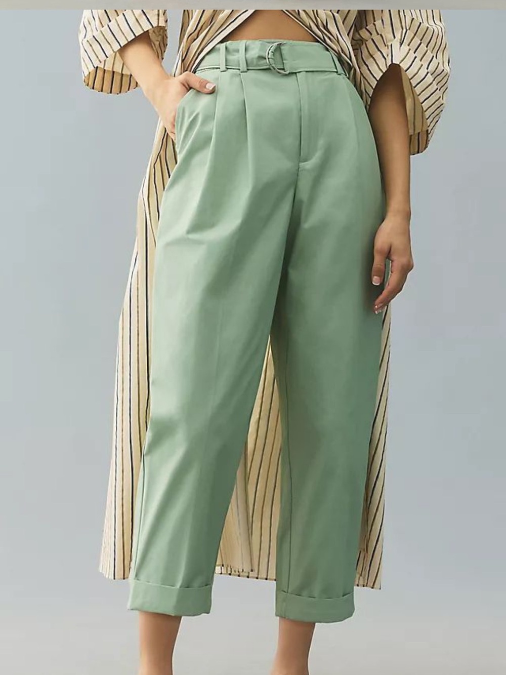 Maeve Mint Green High-Rise Pleated Crop Pants with Belt